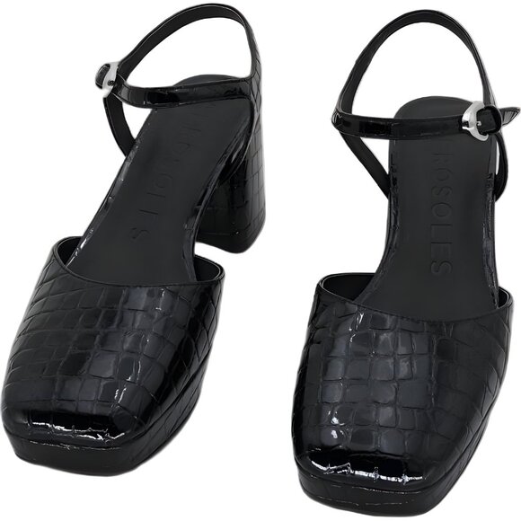 Aerosoles Soir Ankle Strap Block Heel Croc-Embossed Pumps Black US 9.5M - Picture 5 of 6